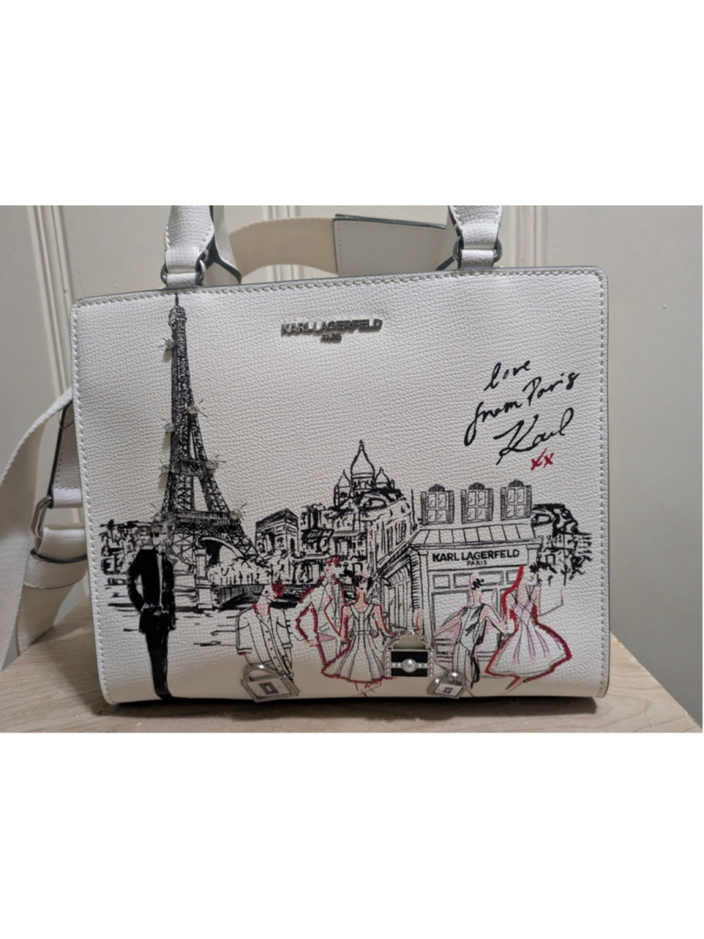 NWT Karl Lagerfeld Paris Maybelle Satchel Love From Paris White Handbag